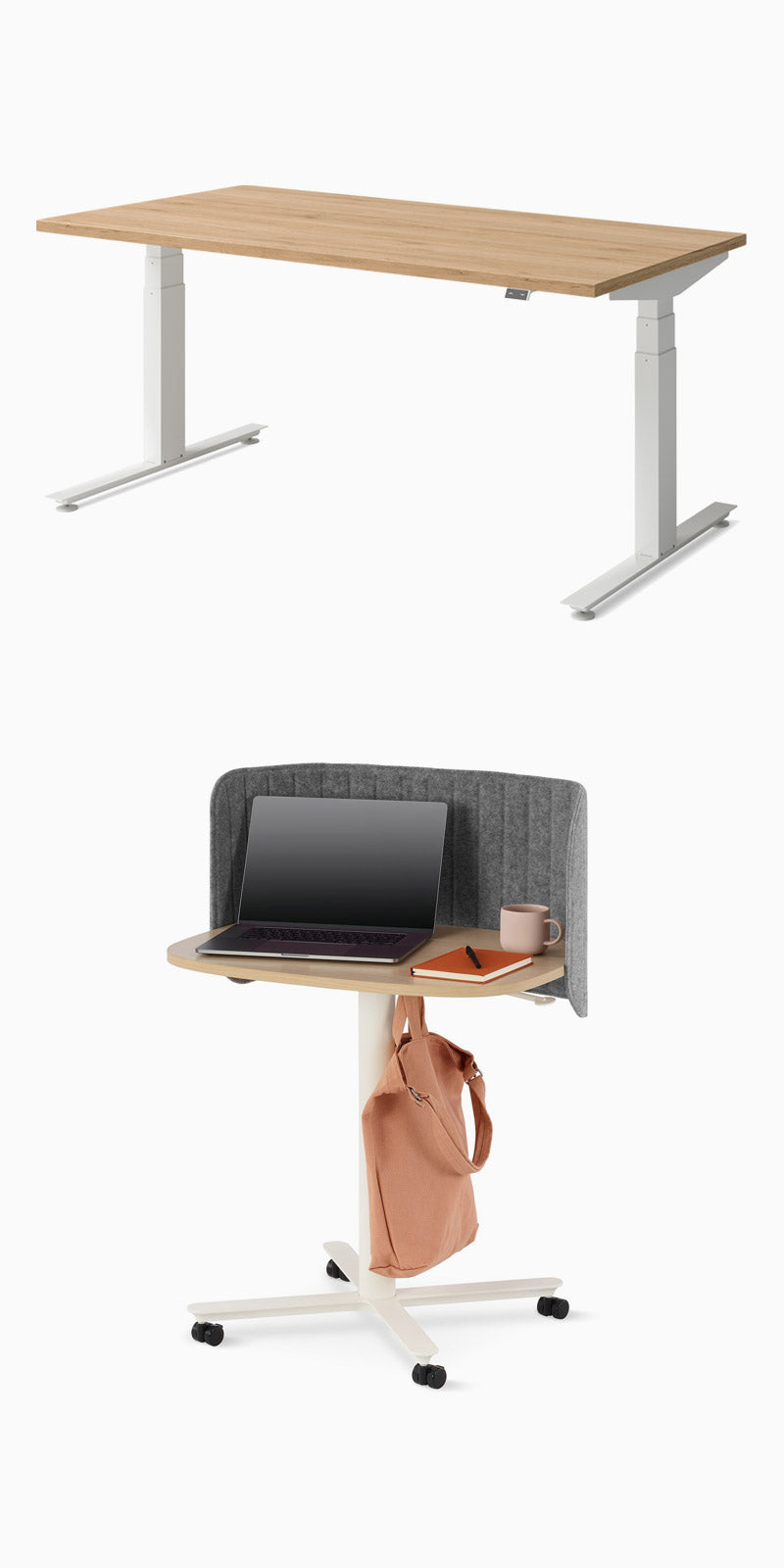 Un escritorio de pie Nevi de Herman Miller y un escritorio Passport Sit to Stand.