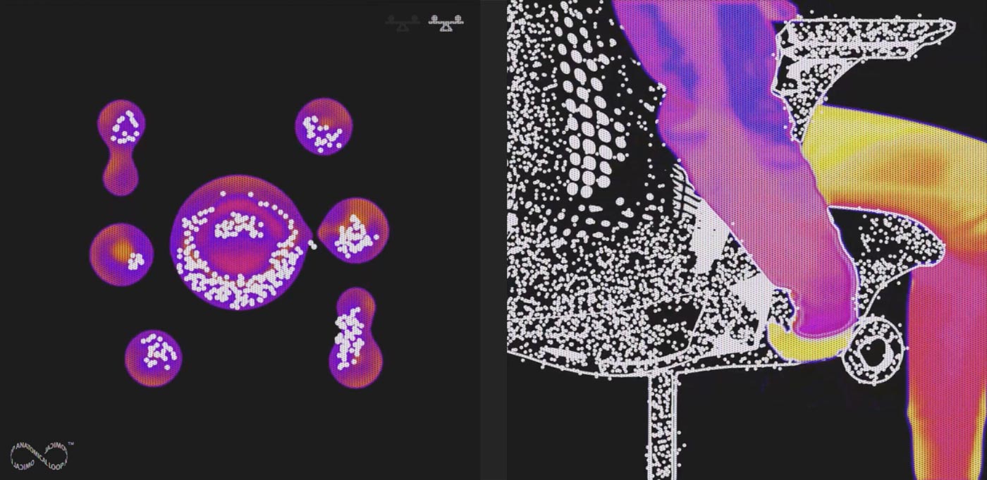 Imagen gráfica de manchas en estilo molecular, con la leyenda «Recupera la estabilidad» y «Mantén la concentración y la capacidad de reacción con asientos de altura ajustable que te permiten mantener la posición ganadora». Imagen térmica de la parte trasera de una silla gaming mientras se ajusta