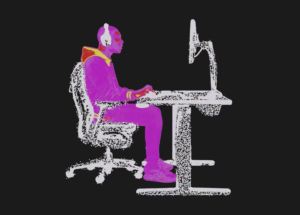 Imagen térmica de una persona sentada en una silla de gaming Embody en un escritorio de gaming Nevi con un brazo para monitor Ollin.