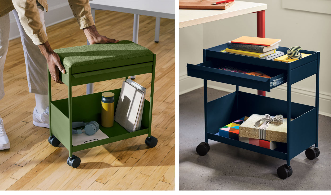 Dos carros de almacenamiento para oficina Herman Miller OE1 en verde oliva y azul oscuro.