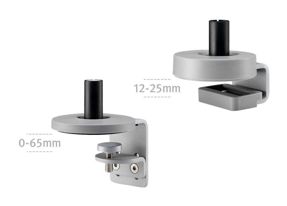 Dos abrazaderas para brazo de monitor Ollin, mostrando las diferentes opciones según el escritorio y el grosor de la superficie.