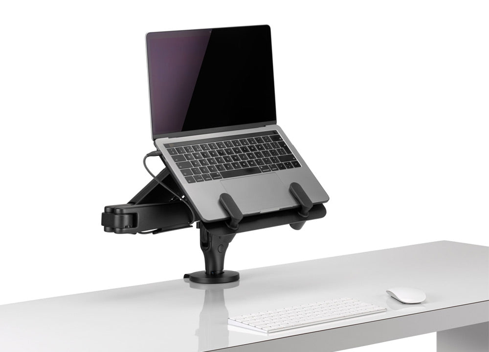 Un brazo para monitor y soporte para ordenador portátil Ollin negro de CBS, sujetando un ordenador portátil.