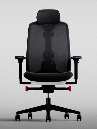 Vista frontal de la silla para juegos Vantum en negro y blanco polar