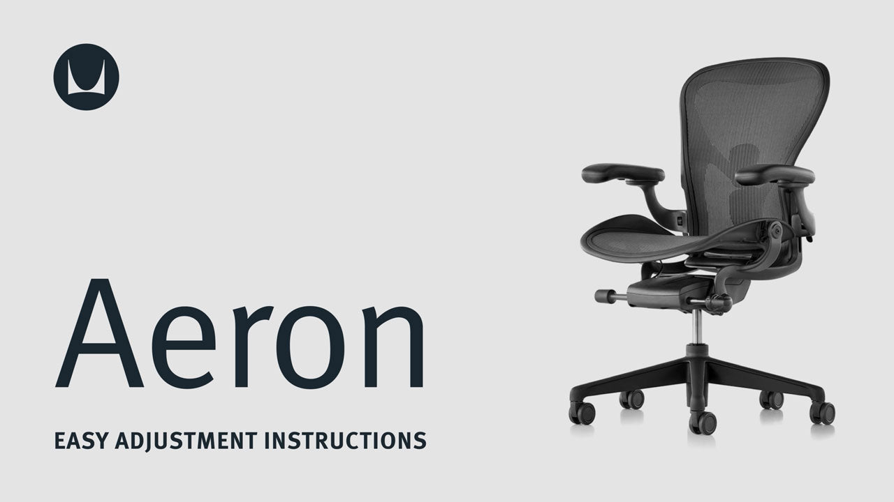 Un vídeo que muestra las características técnicas de ajuste de una silla de oficina Aeron de Herman Miller, incluida la altura del asiento, el limitador de inclinación, el respaldo, el ajuste del brazo y la inclinación hacia delante.