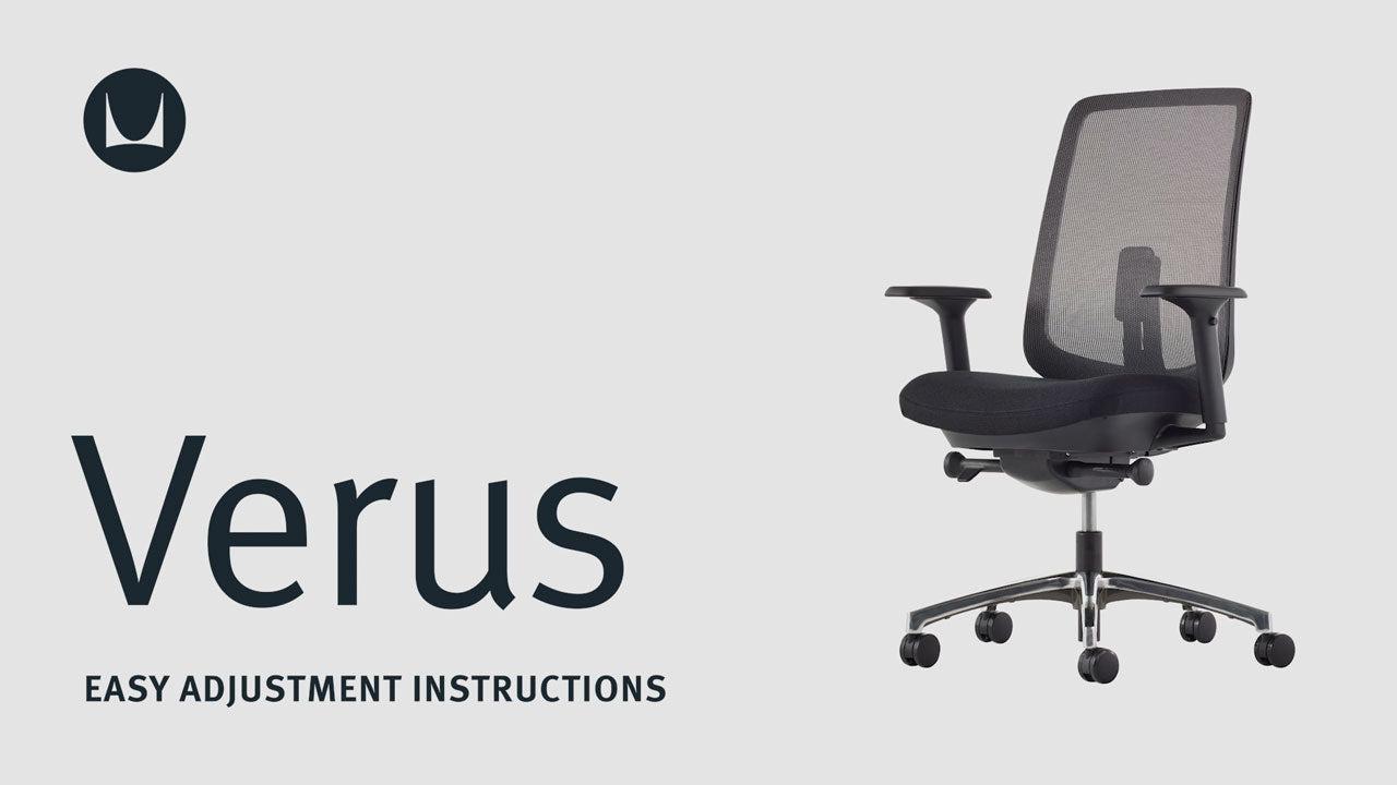 Un vídeo que muestra las características técnicas de ajuste de una silla de oficina Herman Miller Verus, incluida la altura y profundidad del asiento, la tensión de inclinación, el limitador de inclinación, el ajuste del respaldo y el ajuste del brazo.