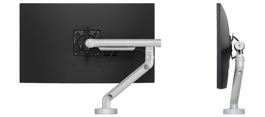Vistas trasera y lateral de un brazo para monitor CBS Flo con una pantalla acoplada.