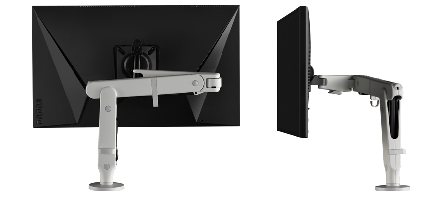 Vistas trasera y lateral de un brazo para monitor CBS Flo X con una pantalla acoplada.
