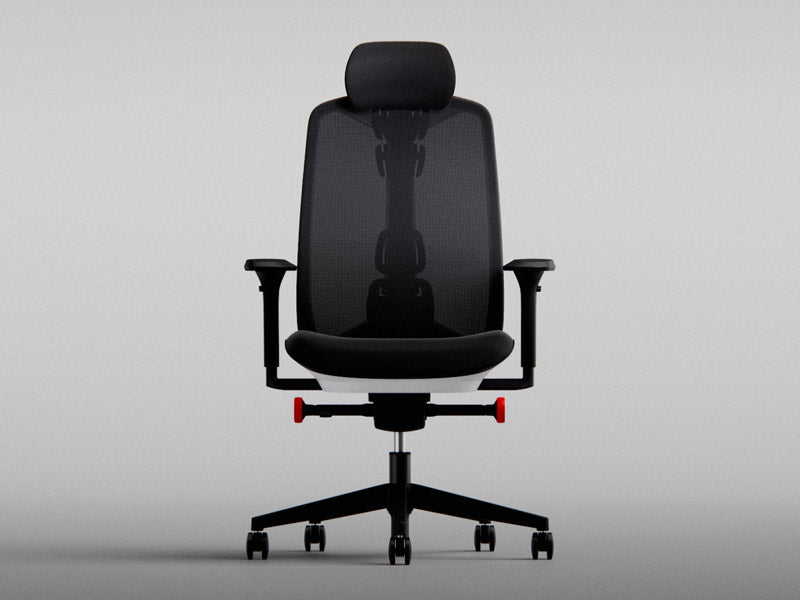 Vista frontal de la silla gaming Vantum en negro y blanco polar.