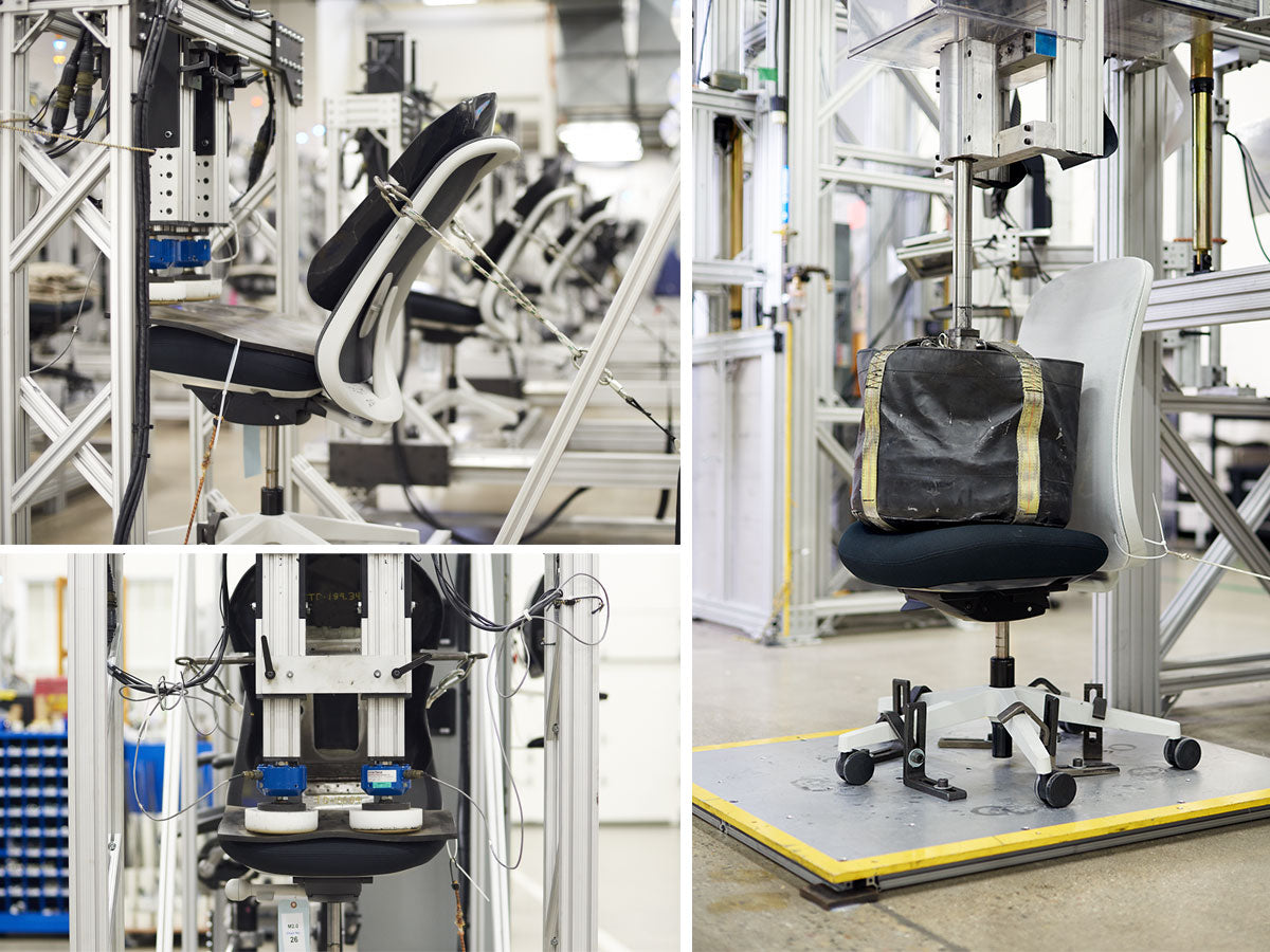 Trío de fotos que muestran algunas de las pruebas de calidad a las que se someten las sillas Herman Miller en el laboratorio de pruebas.